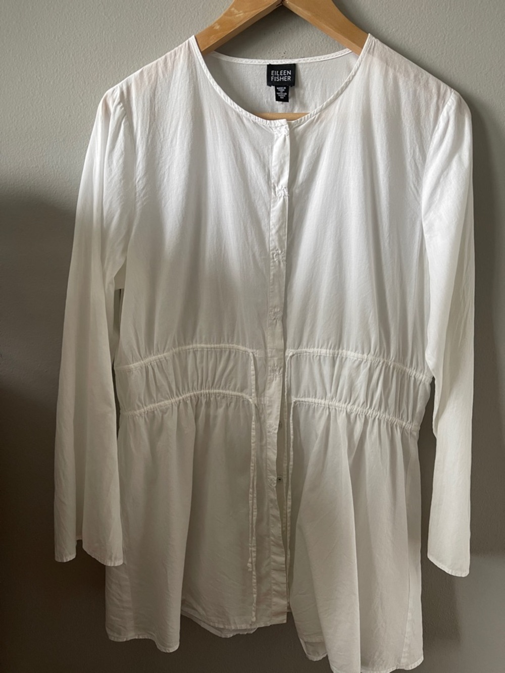 Eileen Fisher Organic Cotton Button-Front Drawstring Waist Tunic Blouse M